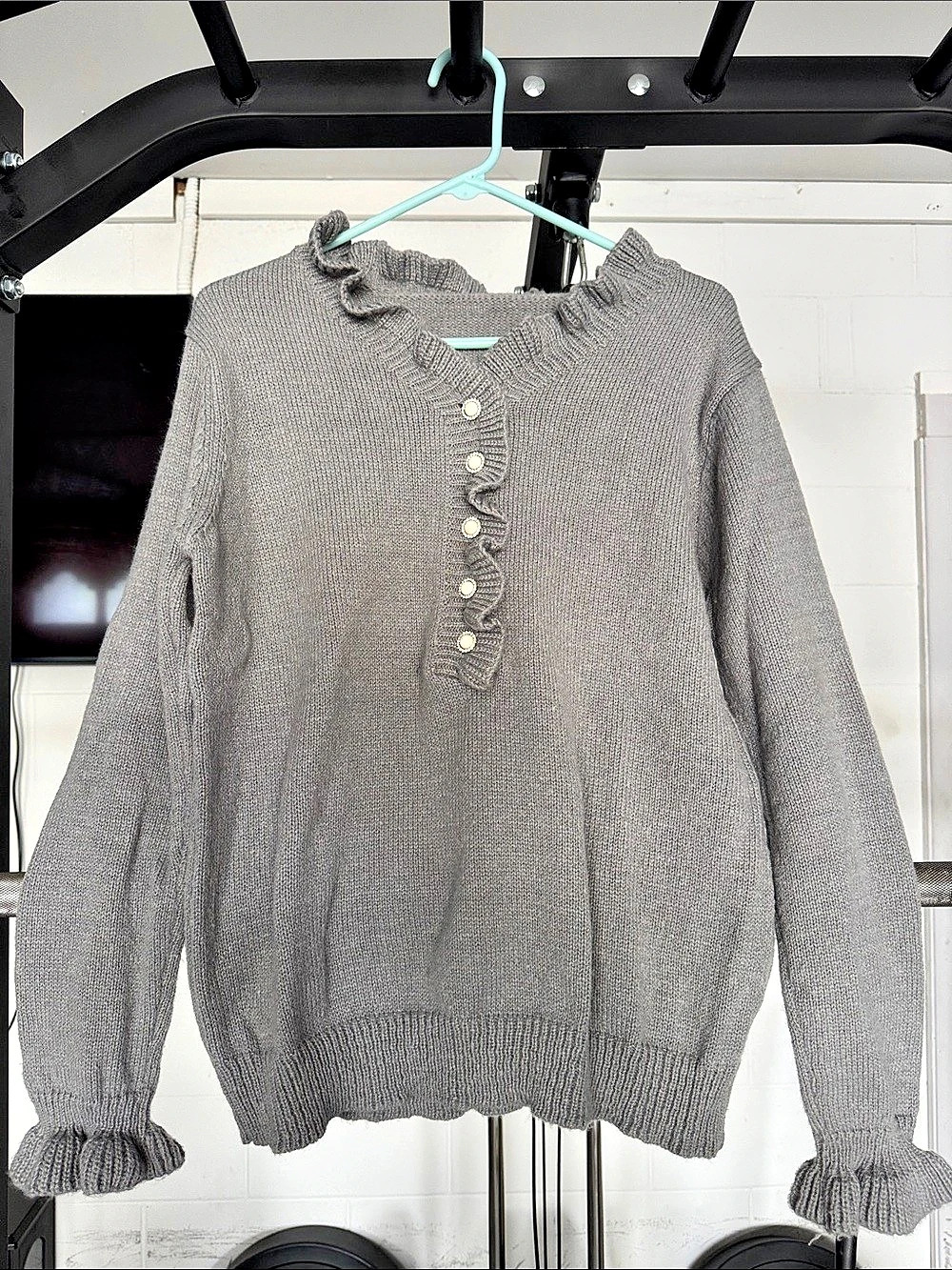 Gray Ruffle Button Sweater Size Large